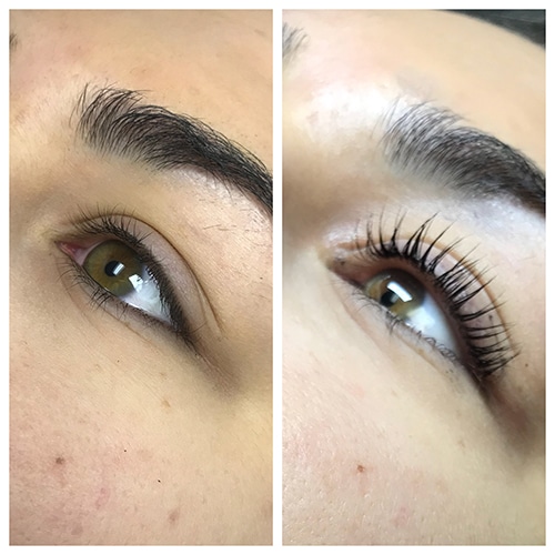 Before and after eyelash lift and tint treatment at KP Aesthetics.