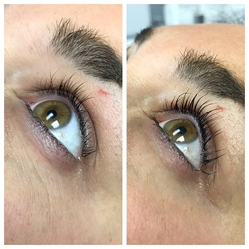 Before and after eyelash lift and tint treatment at KP Aesthetics.