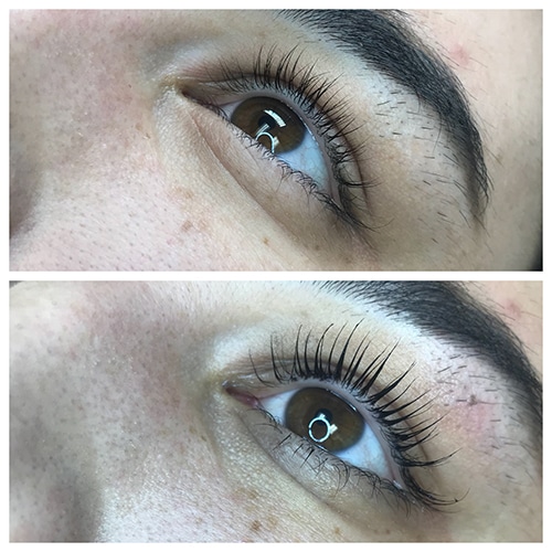 Before and after eyelash lift and tint treatment at KP Aesthetics.