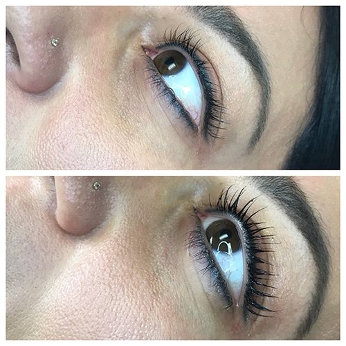 Before and after eyelash lift and tint treatment at KP Aesthetics.