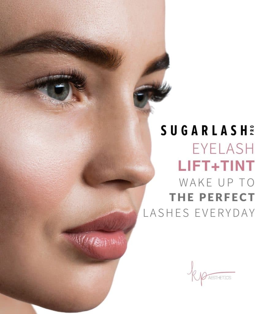Woman showing her results from Sugarlash Eyelash lift and tint from KP Aesthetics.