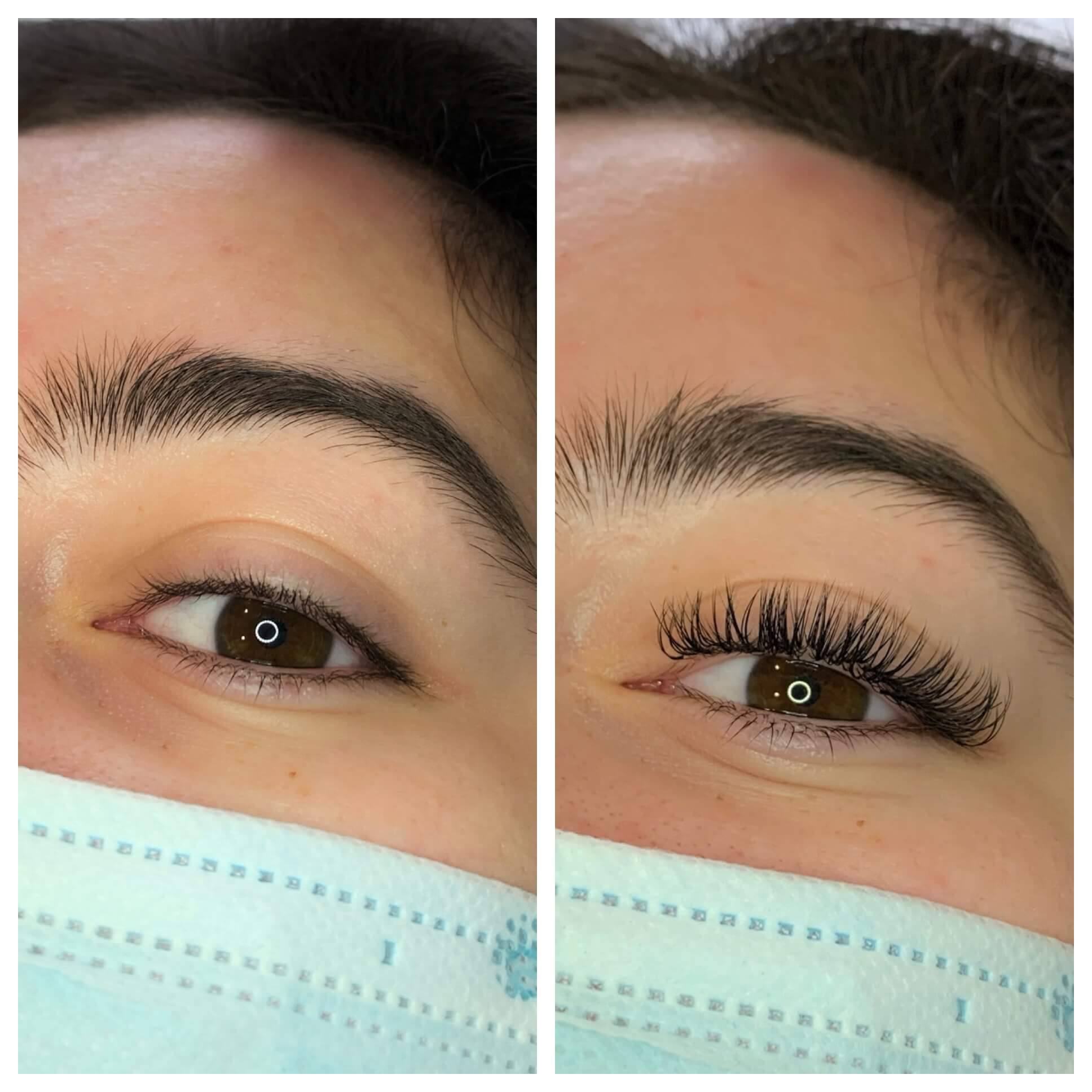 Woman's eyelashes before and after eyelash extension.