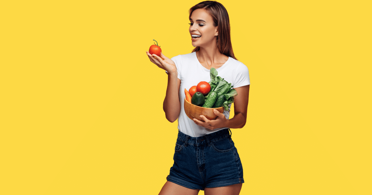 An image of a beautiful woman with a basket of fruit and vegetables