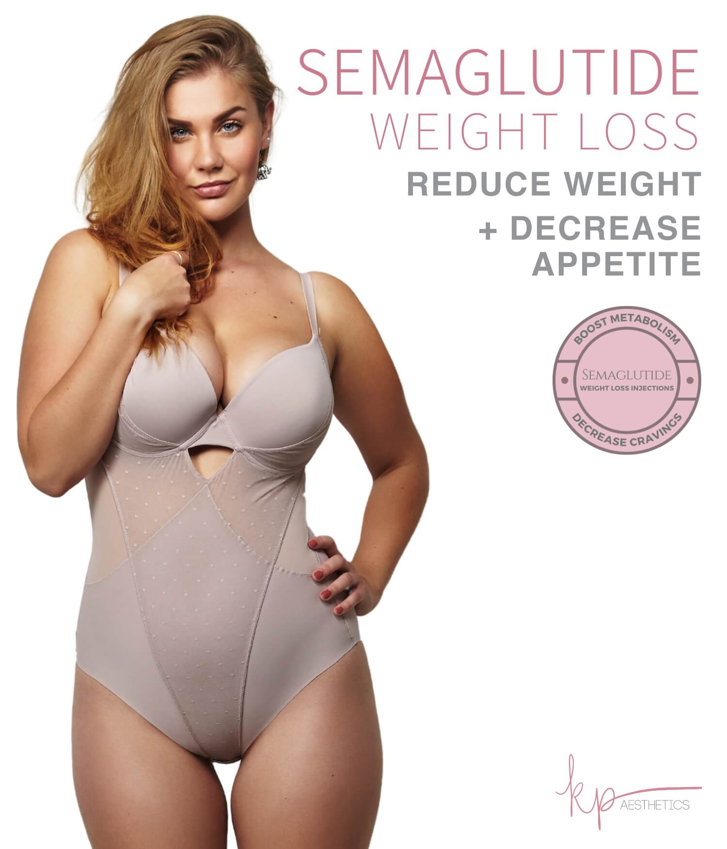 Curvy attractive blond woman promoting Semaglutide injections at KP Aesthetics in Newtown Square, PA