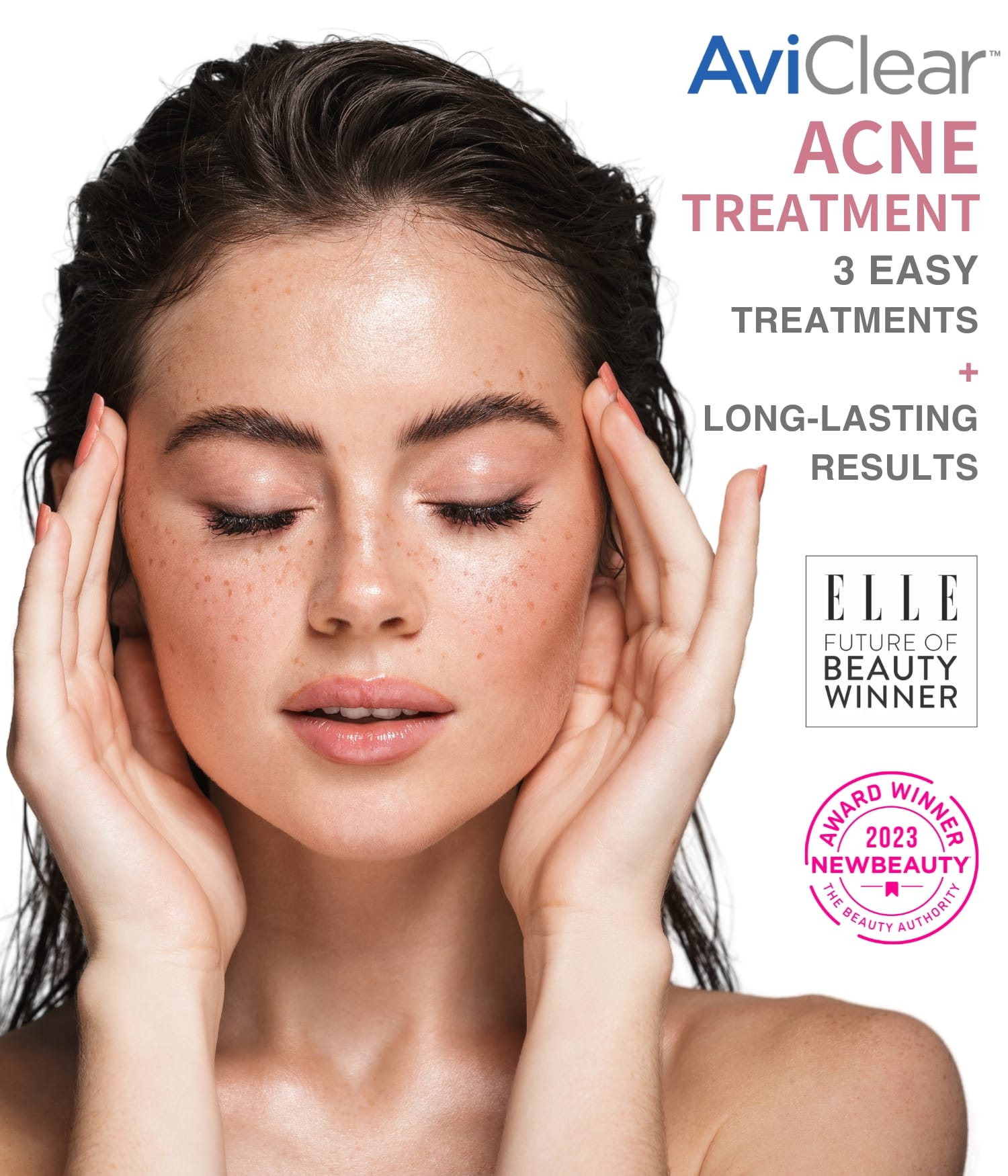 Brunette woman promoting AviClear - an Acne treatment offered at KP Aesthetics in Newtown Square, PA