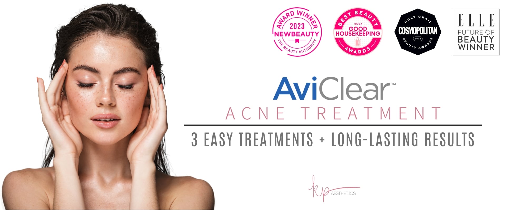 A brunette lady advertising AviClear, an acne treatment available at KP Aesthetics in Newtown Square, Pennsylvania