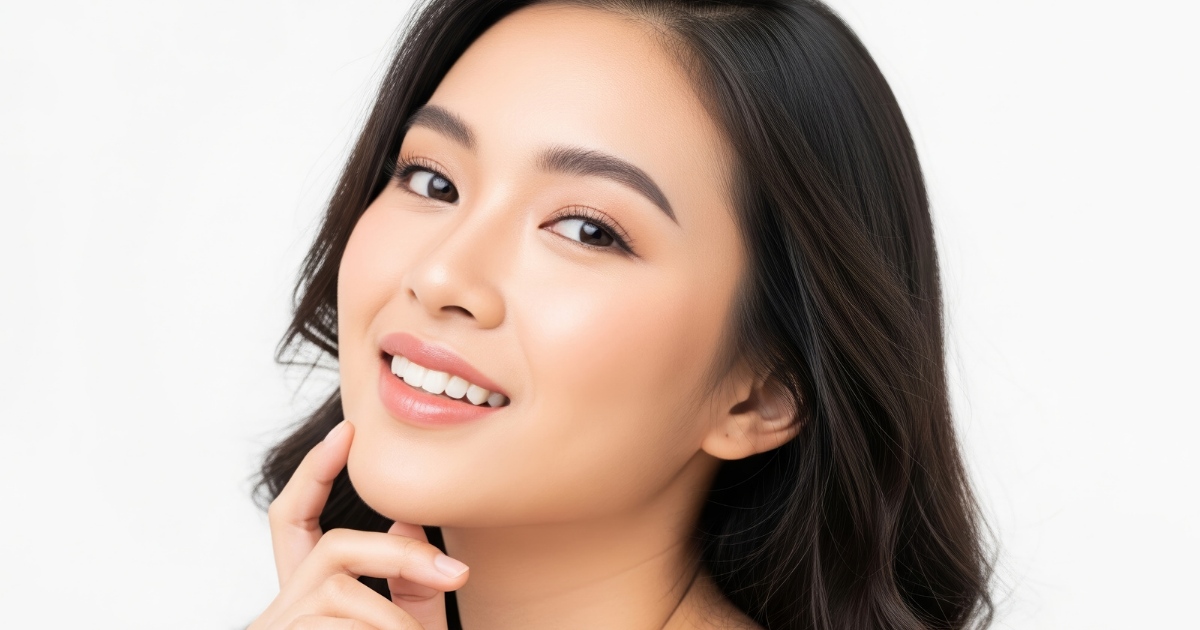 A woman smiling warmly, showcasing her beautiful face with radiant features.
