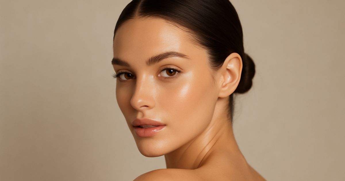 Portrait of a woman with glowing, healthy skin and a radiant complexion.