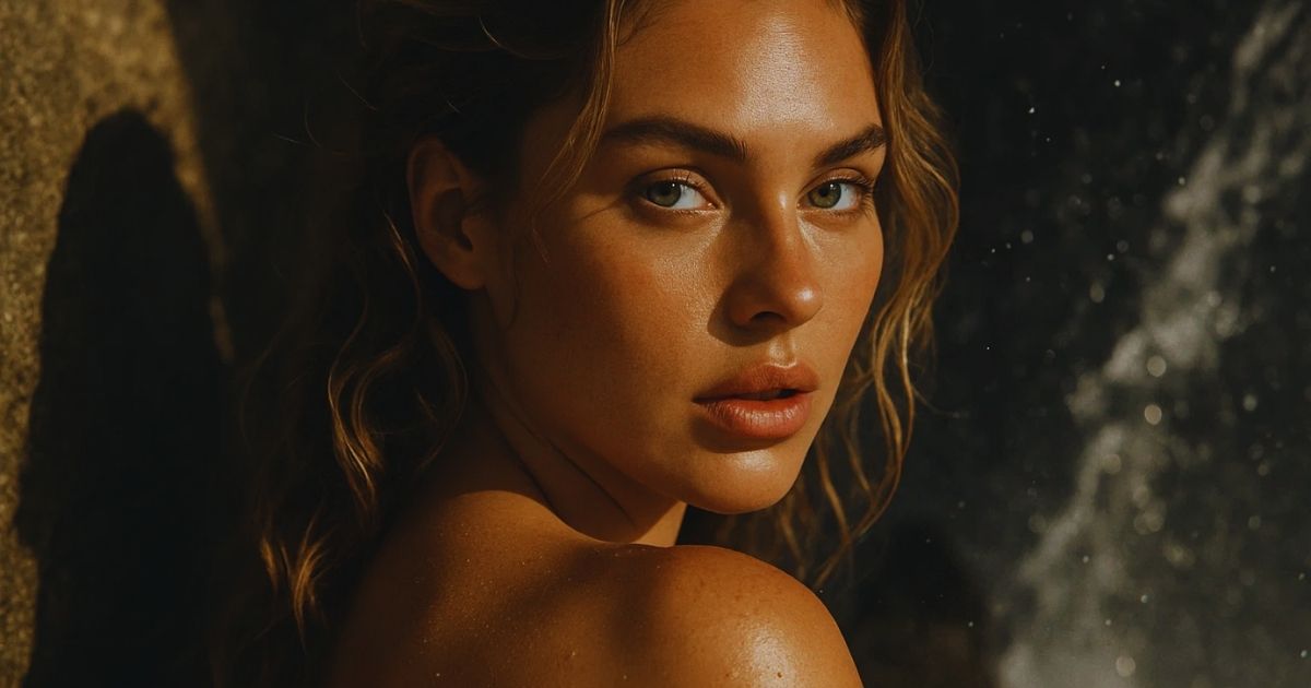 Close-up portrait of a woman with glowing skin in soft lighting, highlighting a radiant complexion and healthy skin results from a personalized skincare routine and professional treatments.